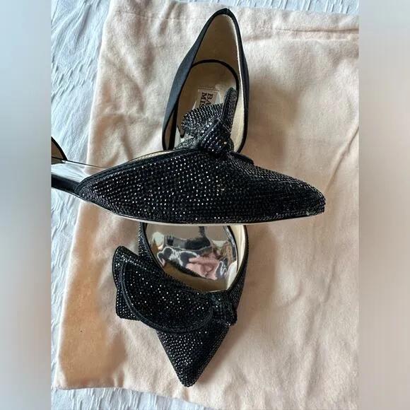 BADGLEY MISCHKA Black Satin Ileana Leather Dorsay Flats Size 8 New In Box
