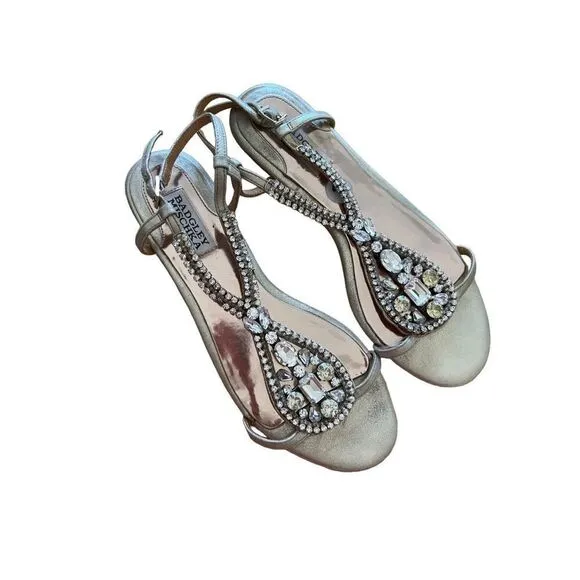 Badgley Mischka Womens Beige Embellished Leather Flat Jeweled Sandals Size 9M