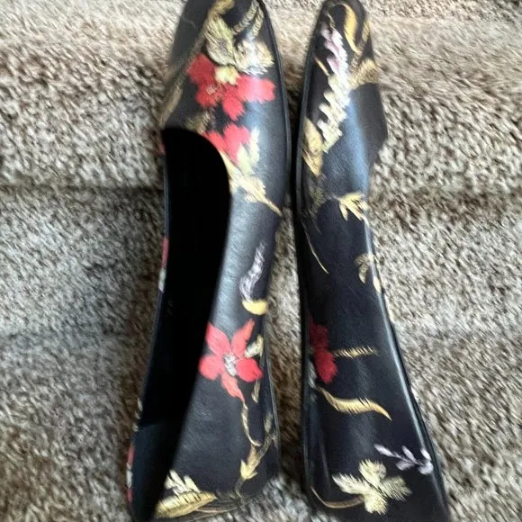 Balenciaga Women's Black Floral Leather Ballet Flats
