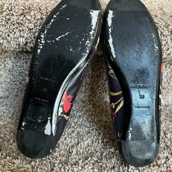 Balenciaga Women's Black Floral Leather Ballet Flats