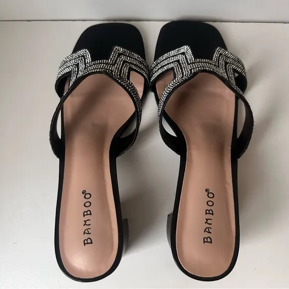 BAMBOO women’s black leather flat slide rhinestone sandals Heels Size:9