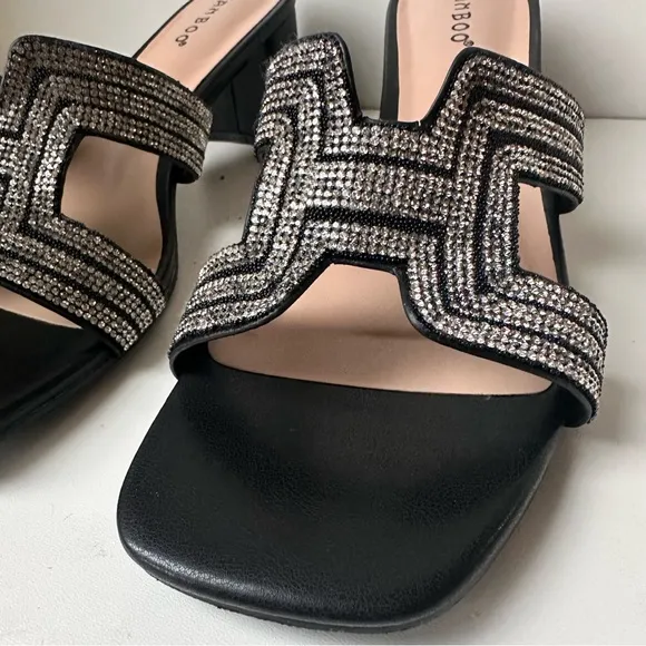 BAMBOO women’s black leather flat slide rhinestone sandals Heels Size:9