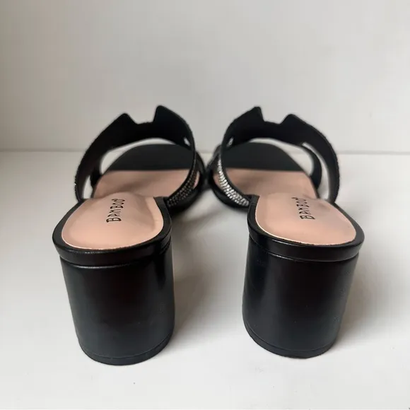 BAMBOO women’s black leather flat slide rhinestone sandals Heels Size:9