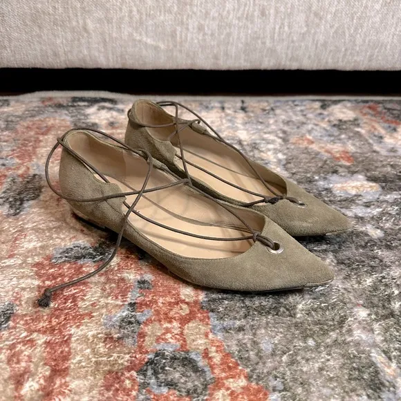Barbara Bui Olive Green Suede Genuine Leather Pointed Toe Tie Ankle Wrap Flats