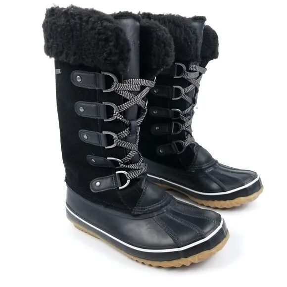 Bearpaw Black Hiber-Tech Cozy Wool Waterproof Leather Duck Boots 8 Rain Gorpcore