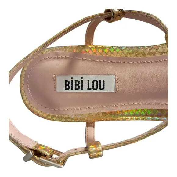 Bibi Lou Sandal Flat Toe Ring T-Strap Gold Snake Leather Women's 38/US 8