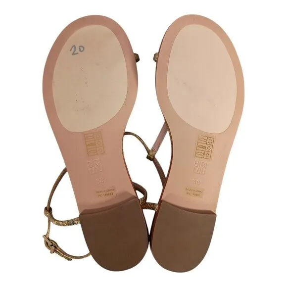 Bibi Lou Sandal Flat Toe Ring T-Strap Gold Snake Leather Women's 38/US 8
