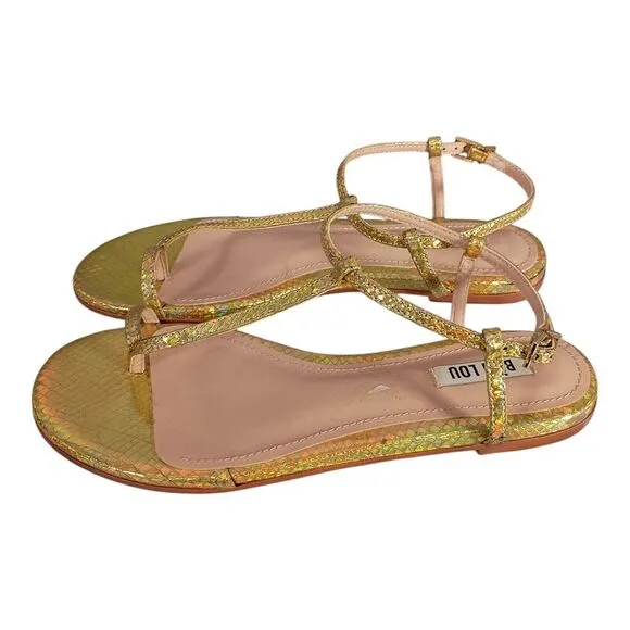 Bibi Lou Sandal Flat Toe Ring T-Strap Gold Snake Leather Women's 38/US 8