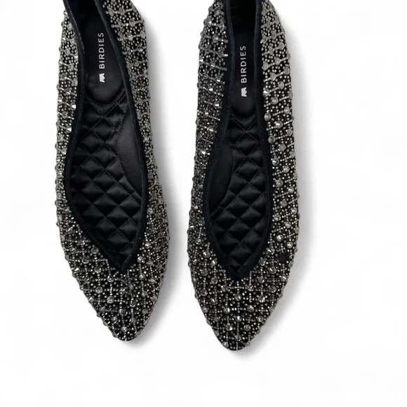 Birdies Women's Goldfinch Pointed Toe Suede Ballet Flat in Pewter Crystal 8.5