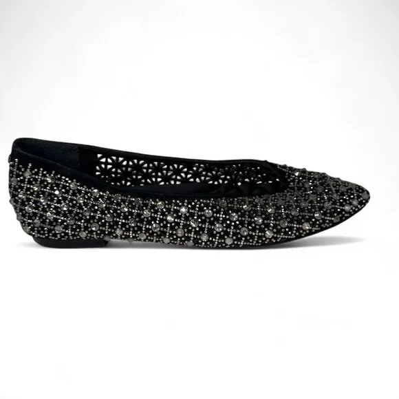 Birdies Women's Goldfinch Pointed Toe Suede Ballet Flat in Pewter Crystal 8.5