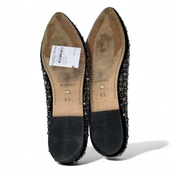 Birdies Women's Goldfinch Pointed Toe Suede Ballet Flat in Pewter Crystal 8.5