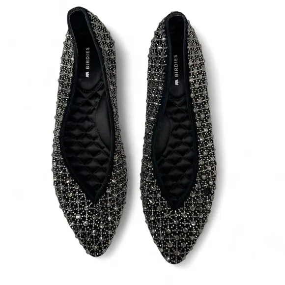 Birdies Women's Goldfinch Pointed Toe Suede Ballet Flat in Pewter Crystal 8.5