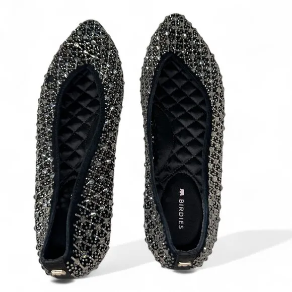 Birdies Women's Goldfinch Pointed Toe Suede Ballet Flat in Pewter Crystal 8.5