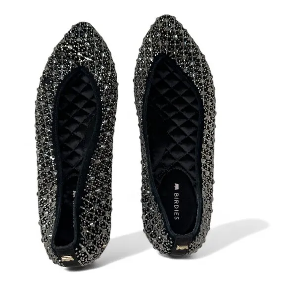 Birdies Women's Goldfinch Pointed Toe Suede Ballet Flat in Pewter Crystal 8.5