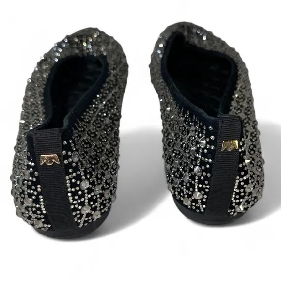 Birdies Women's Goldfinch Pointed Toe Suede Ballet Flat in Pewter Crystal 8.5
