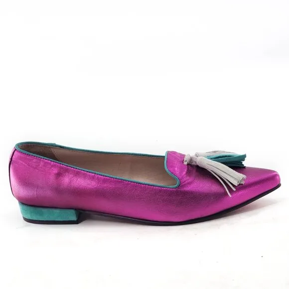 BISUE Anthropologie Ballerinas Metallic Tasseled Loafers Flats Pink