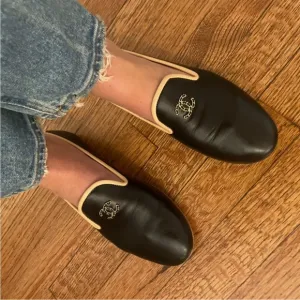 Black &amp; Tan Classic Chanel Logo Leather Loafers