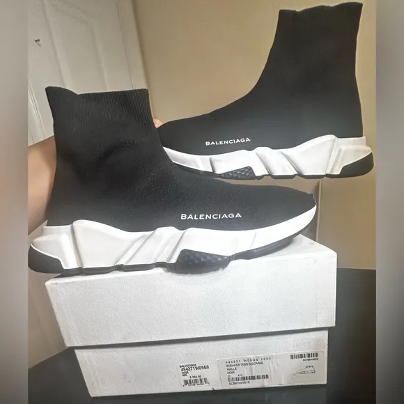 Black and White High-Top Sock Sneakers with Box