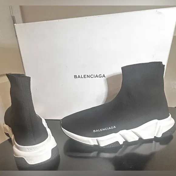 Black and White High-Top Sock Sneakers with Box