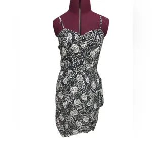 Black white swirl rose floral print wrap sweetheart spaghetti strap dress S NWOT