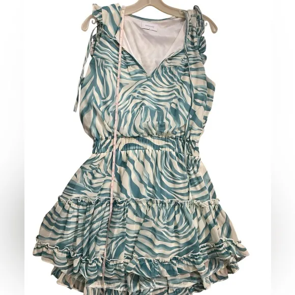 Blue white swirl zebra MELISSA ODABASH keri splash style flounce dress S cute