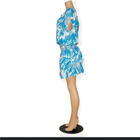Blue white swirl zebra MELISSA ODABASH keri splash style flounce dress S cute