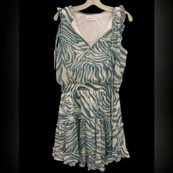 Blue white swirl zebra MELISSA ODABASH keri splash style flounce dress S cute