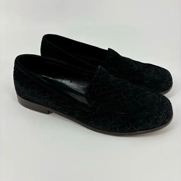 Bottega Veneta women’s 8.5 black suede woven leather loafers luxury classic flat