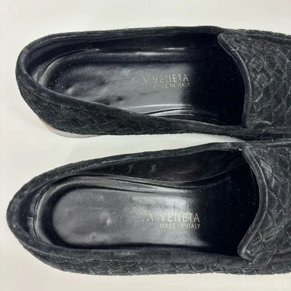 Bottega Veneta women’s 8.5 black suede woven leather loafers luxury classic flat