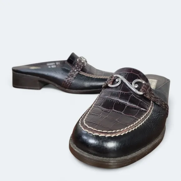 Brighton Sydney Leather Loafers Black and Brown Mules Women's Size 8