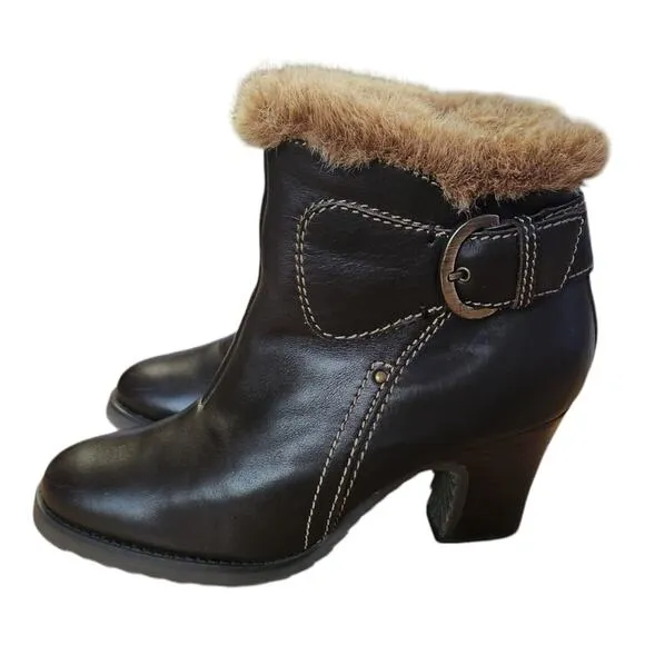 Brilliant Waterproof Leather Faux Fur Lined Insulated Heeled Ankle Boots Sz 7.5