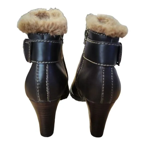 Brilliant Waterproof Leather Faux Fur Lined Insulated Heeled Ankle Boots Sz 7.5
