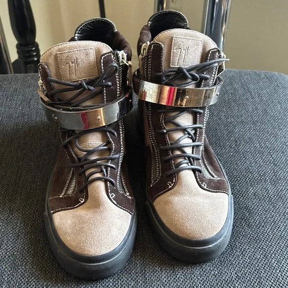 Brown and Tan High-Top Sneakers with Silver Accents