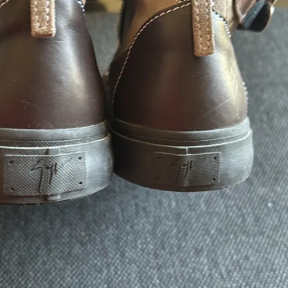 Brown and Tan High-Top Sneakers with Silver Accents