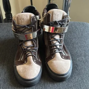 Brown and Tan High-Top Sneakers with Silver Accents
