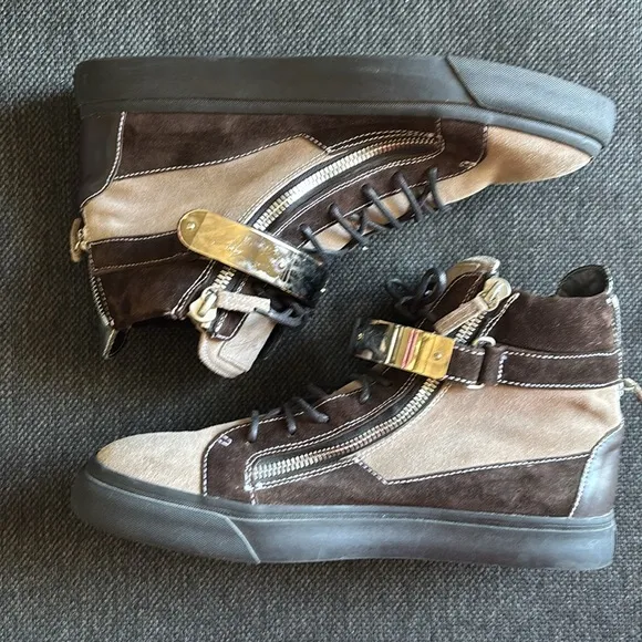 Brown and Tan High-Top Sneakers with Silver Accents