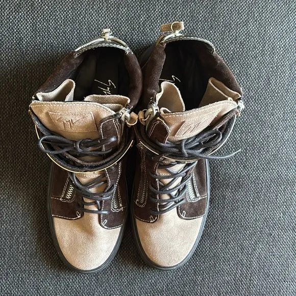 Brown and Tan High-Top Sneakers with Silver Accents