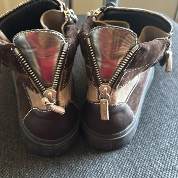 Brown and Tan High-Top Sneakers with Silver Accents