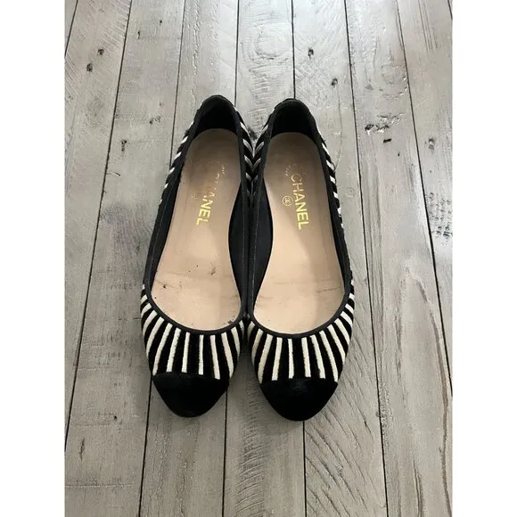 CHANEL Black Ivory Velvet Zebra Striped CC Ballet Flats Size 39 9