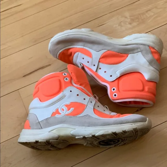 Chanel High-Top Sneakers in Bright Orange and grey and wht