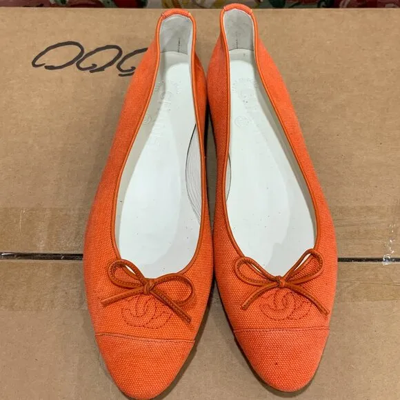 CHANEL Orange Ballet Flats with Bow