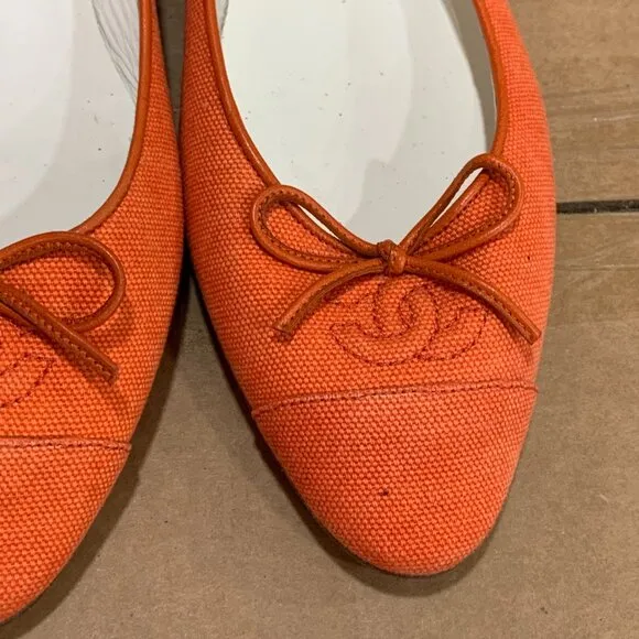 CHANEL Orange Ballet Flats with Bow