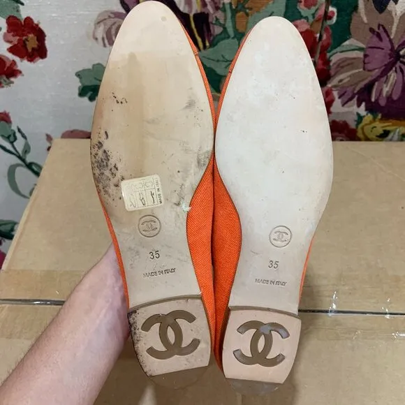 CHANEL Orange Ballet Flats with Bow