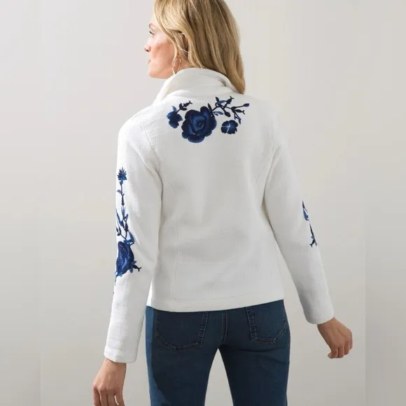 Chico’s Size 1 (M) Embroidered Floral Cardigan Jacket | Classic Zip-Up Style