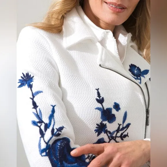 Chico’s Size 1 (M) Embroidered Floral Cardigan Jacket | Classic Zip-Up Style