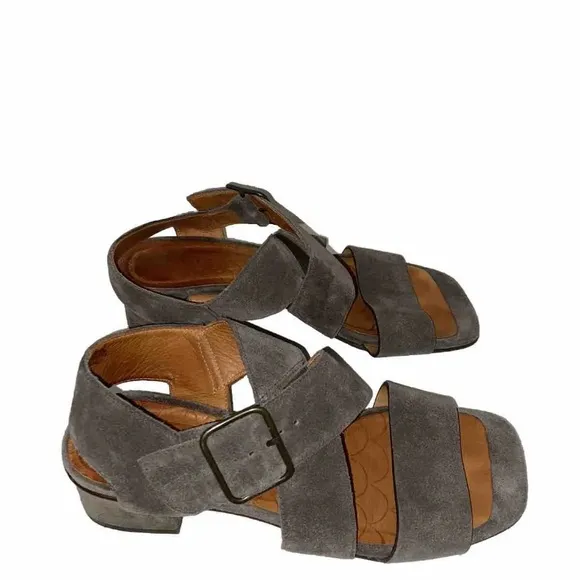 Chie Mihara 37.5 Grey Suede Chunky Heel Sandals