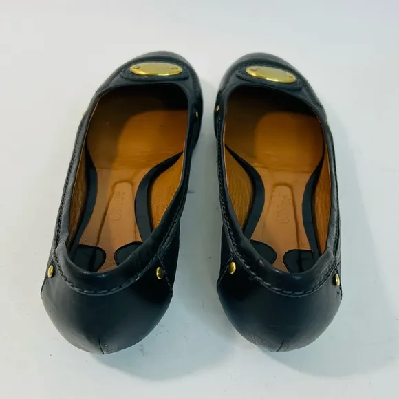Chloe Black Leather Ballet Flats Brass Logo Nameplate Vintage size 41 / 11 US