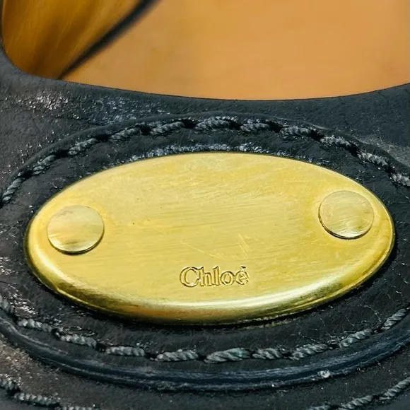 Chloe Black Leather Ballet Flats Brass Logo Nameplate Vintage size 41 / 11 US