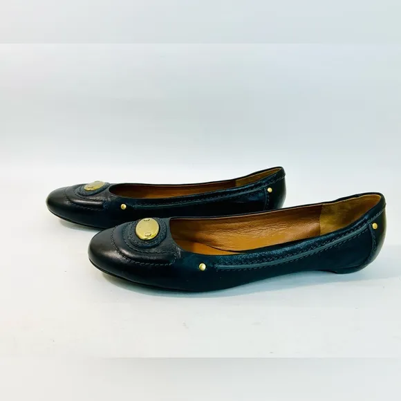 Chloe Black Leather Ballet Flats Brass Logo Nameplate Vintage size 41 / 11 US
