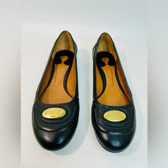 Chloe Black Leather Ballet Flats Brass Logo Nameplate Vintage size 41 / 11 US